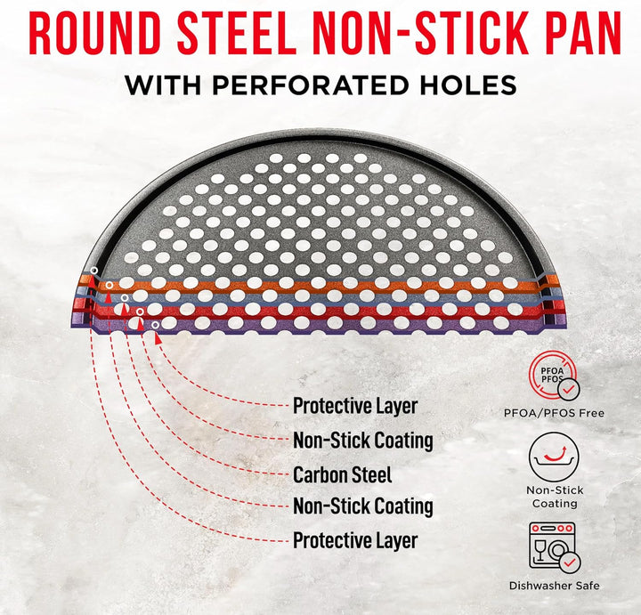 Bakken- Swiss Non-Stick Pizza Pan with Holes - 13-Inch Perforated Pizza Crisper Carbon Steel Pizza Pan - 2 Round Pizza Trays - PFOA PFOS and PTFE Free ,Pack of 2