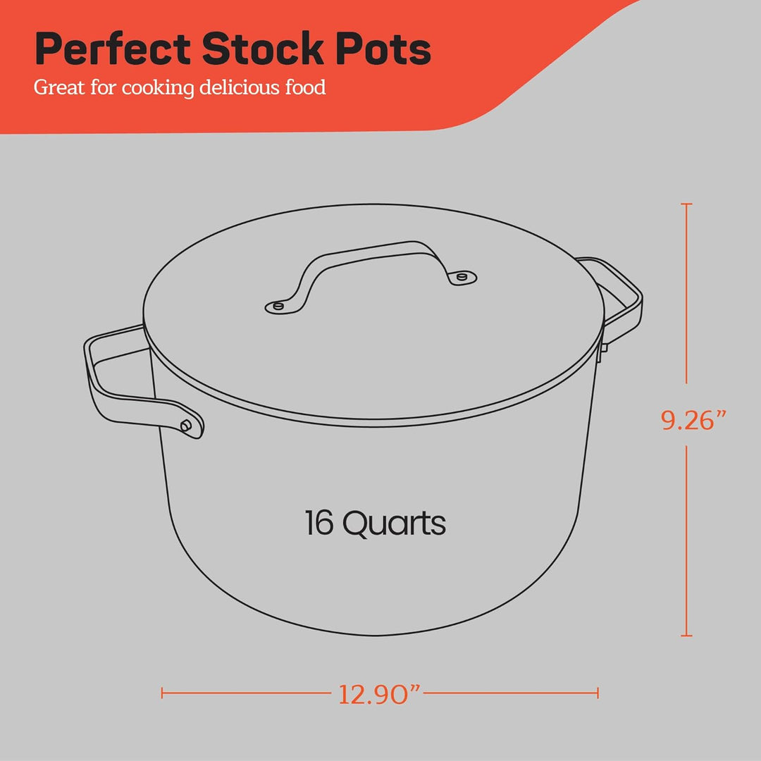 Black 16 Quart Aluminum Stock Pot with Lid, Nonstick Ceramic Coated Boiling Pot, PTFE & PFAS Free, Oven Safe to 500°F, Riveted Stainless Steel Handles, Tempered Glass Lid, All Stove Compatible