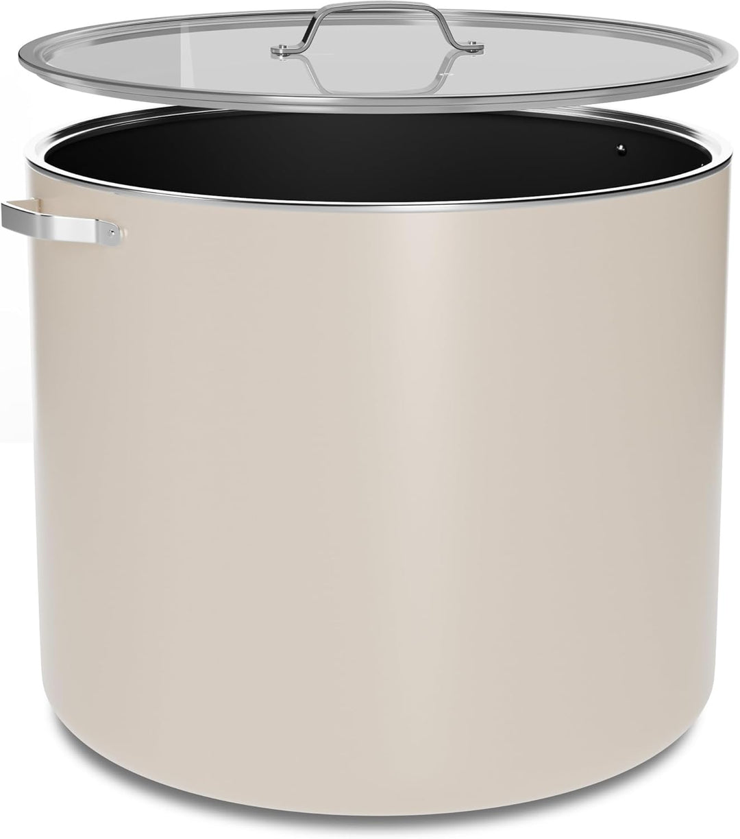 Cream 16 Quart Aluminum Stock Pot with Lid, Nonstick Ceramic Coated Boiling Pot, PTFE & PFAS Free, Oven Safe to 500°F, Riveted Stainless Steel Handles, Tempered Glass Lid, All Stove Compatible