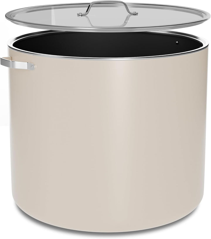 Cream 16 Quart Aluminum Stock Pot with Lid, Nonstick Ceramic Coated Boiling Pot, PTFE & PFAS Free, Oven Safe to 500°F, Riveted Stainless Steel Handles, Tempered Glass Lid, All Stove Compatible