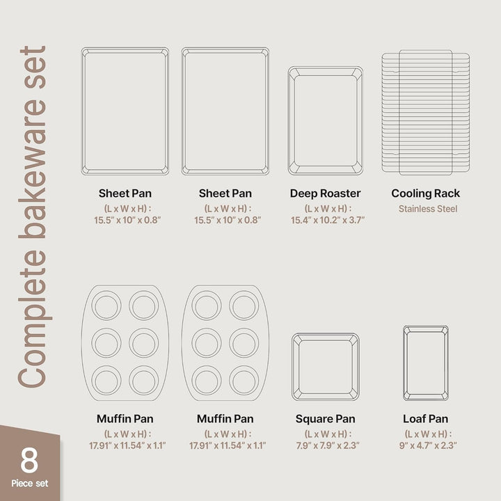 Bakken 8-Piece Ceramic Coated Bakeware Sets, Nonstick Aluminized Steel Pans with Muffin, Loaf, Cake, Roasting Pan, & Cooling Rack, Pink