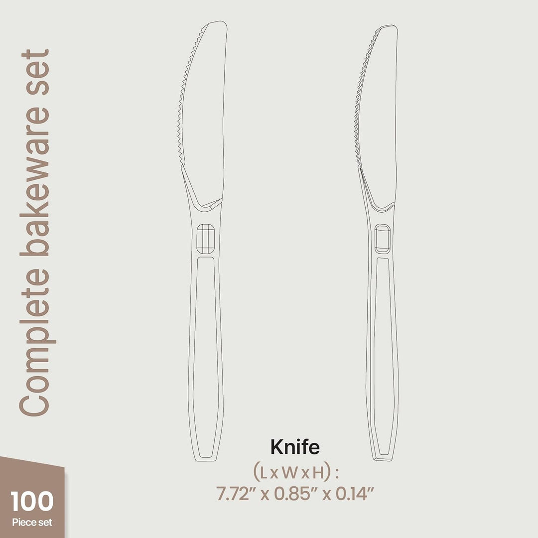 Bakken Disposable Cutlery Set 100 Pieces Knives, Heavy Duty Plastic Silverware