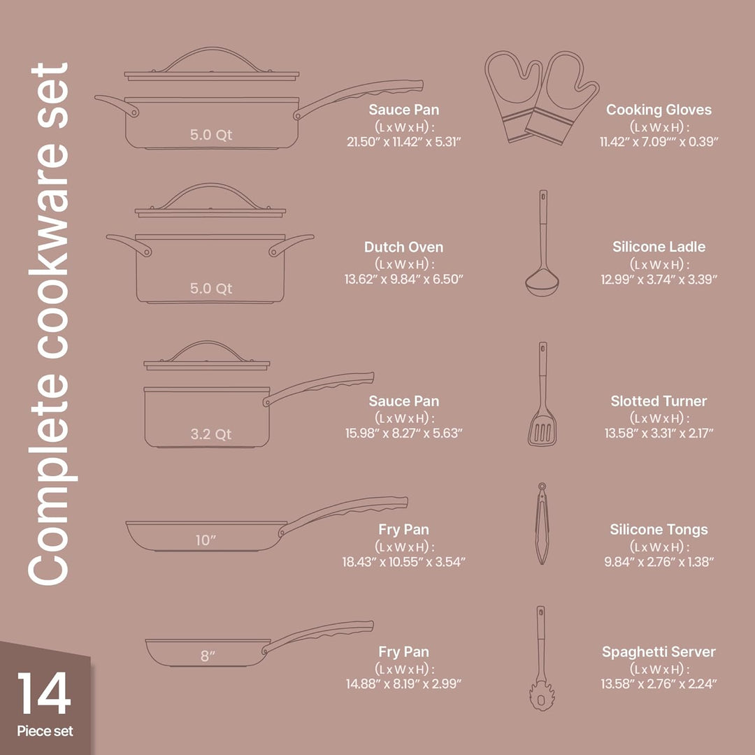 Crystal Kung Minkoff Ceramic Cookware Set • 14-Piece Nonstick, Non-Toxic Set with Lids