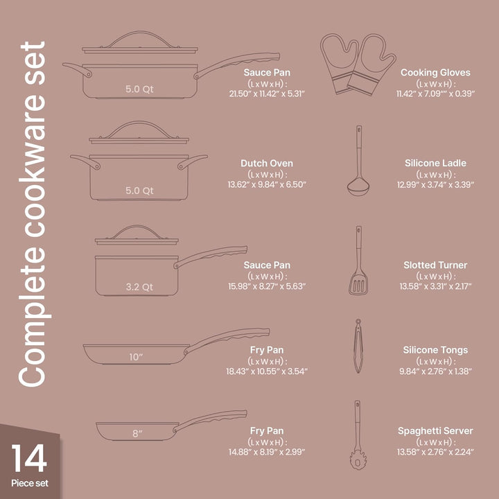 Crystal Kung Minkoff Ceramic Cookware Set • 14-Piece Nonstick, Non-Toxic Set with Lids