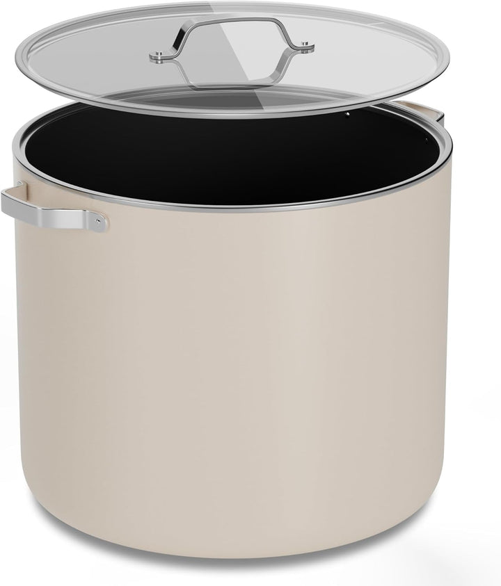 Cream 12.5 Quart Aluminum Stock Pot with Lid, Nonstick Ceramic Coated Boiling Pot, PTFE & PFAS Free, Oven Safe to 500°F, Riveted Stainless Steel Handles, Tempered Glass Lid, All Stove Compatible