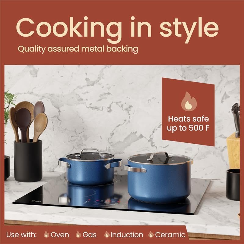 Blue 8.5 Quart Aluminum Stock Pot with Lid, Nonstick Ceramic Coated Boiling Pot, PTFE & PFAS Free, Oven Safe to 500°F, Riveted Stainless Steel Handles, Tempered Glass Lid, All Stove Compatible