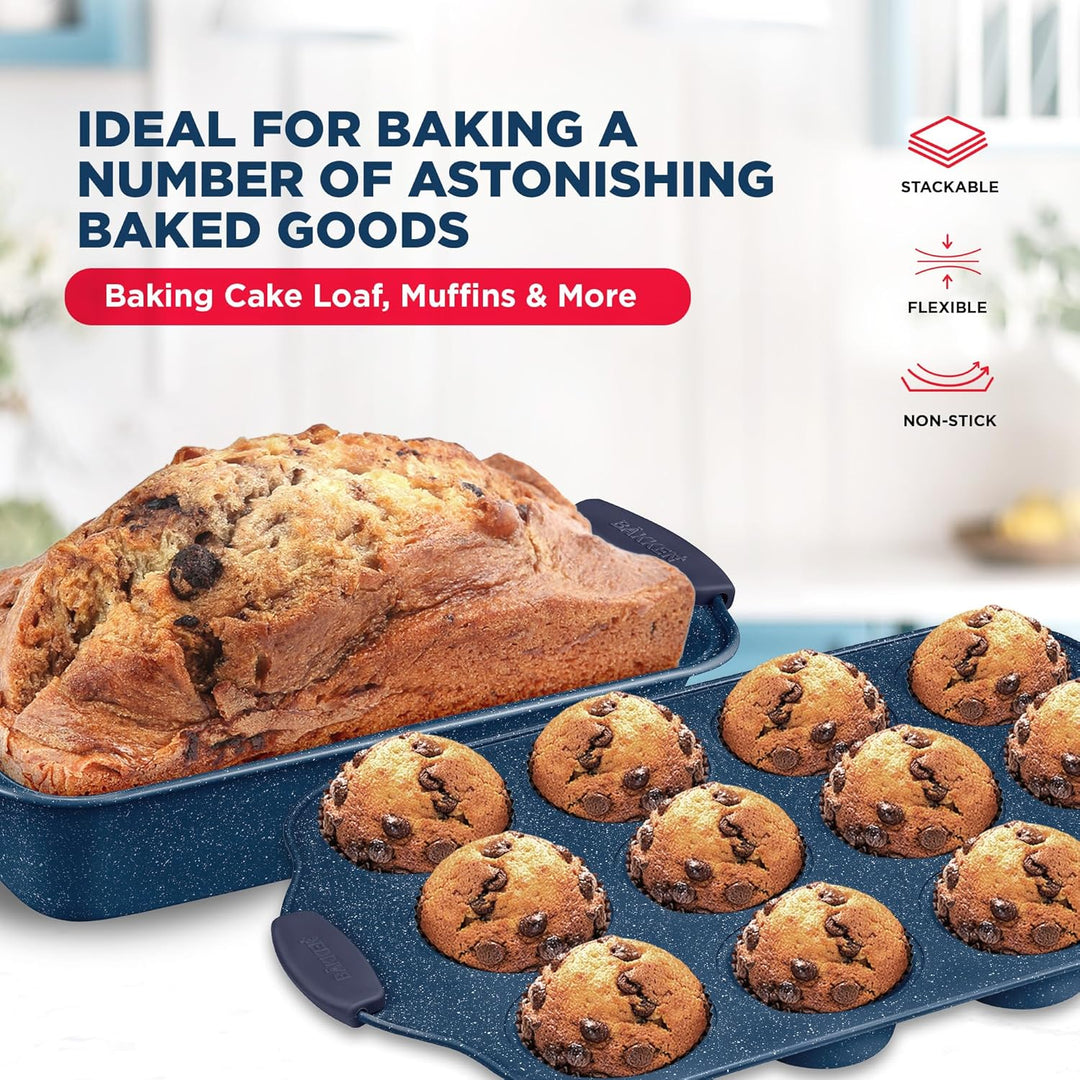 BAKKEN Kitchen Baking Pan Set - Nonstick Coating, Carbon Steel Bakeware Sets with Blue Silicone Handles, Baking Kitchen Essentials, PFOA, PFOS, PTFE Free, Oven Safe Tray (Up To 450° F), Set of 6