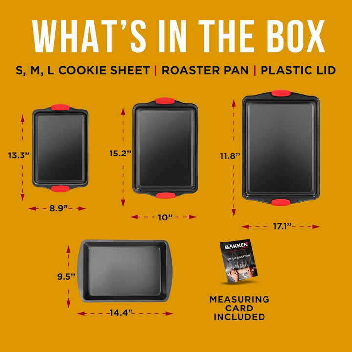 Nonstick Cookie Sheet Pans Set of 5 - Professional Quality Carbon Steel Baking Sheet Trays with Gray Coating Inside & Outside – Small, Medium, Large Pans, Roaster Pan, and Plastic Lid
