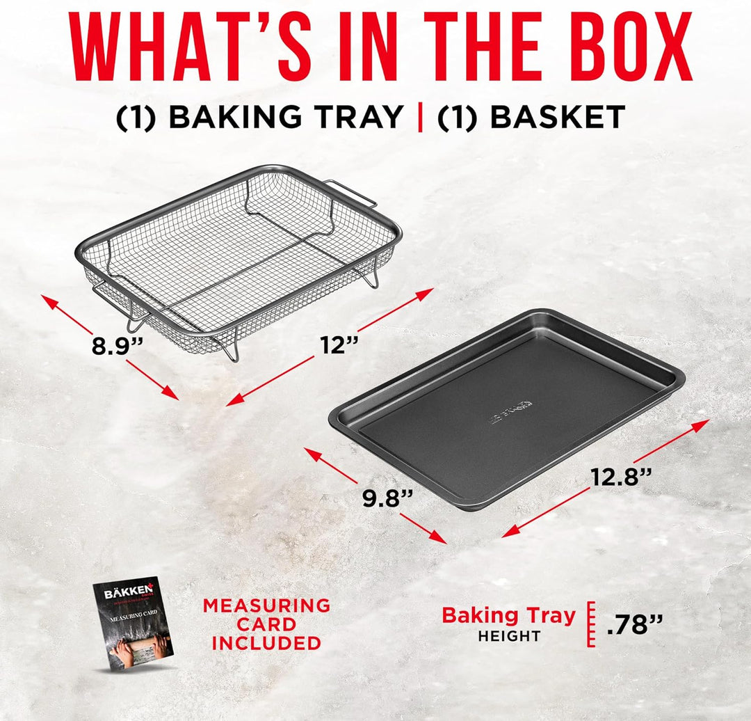 Bakken Swiss Air Fryer Tray, 2 in 1 Nonstick Crisper Air Fry Basket w/Elevated Mesh Great for Oven, Dishwasher Safe – Ceramic Coating PTFE/PFOA/PFOS FREE Extra-large (9.5"x13", Gray)