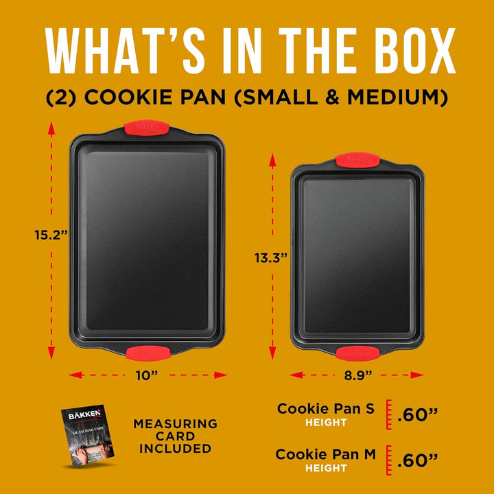 2 Piece Set Nonstick Carbon Steel Oven Bakeware -Professional Quality Kitchen Cooking Baking Trays -PFOA, PFOS, PTFE-Free Medium & Large Baking Sheet Pans with Red Silicone Handles
