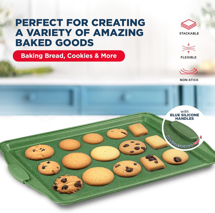 BAKKEN Kitchen Baking Pan Set - Nonstick Green Marble Coating, Carbon Steel Bakeware Sets with Green Silicone Handles, Kitchen Essentials, PFOA, PFOS, PTFE Free, Oven Safe (Up To 450° F), Set of 10