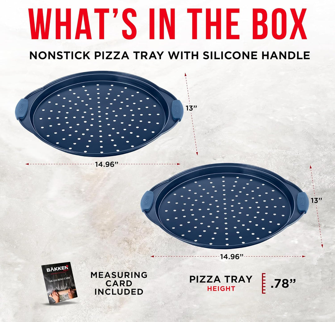 Bakken Pizza Baking Pan - Round Perforated Carbon Steel Pan with Non-Stick Marble Coating, Oversized Silicone Handle, Dishwasher Safe, High-Temperature Resistant, Durable & Easy Cleanup Blue, 2 Pack