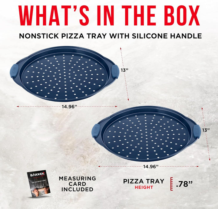 Bakken Pizza Baking Pan - Round Perforated Carbon Steel Pan with Non-Stick Marble Coating, Oversized Silicone Handle, Dishwasher Safe, High-Temperature Resistant, Durable & Easy Cleanup Blue, 2 Pack