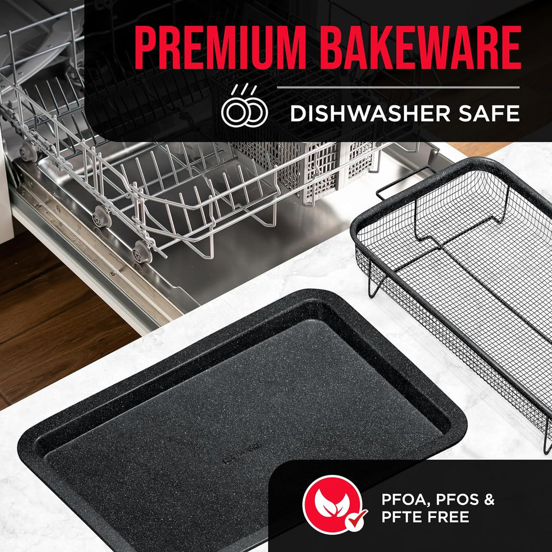 Bakken- Swiss Crisper Tray Gray marble Coating - 2-Piece Set , Non-Stick Basket Design for Healthier Cooking in Regular Ovens - Make Great Crispy Food , Bacon and More, Extra Large Size 19" x 13"