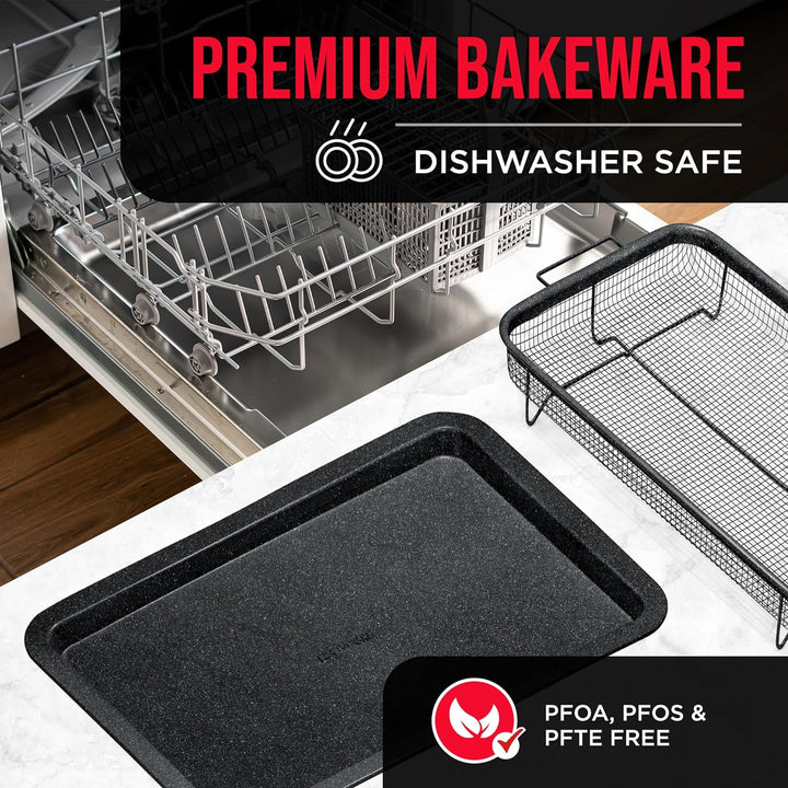 Bakken- Swiss Crisper Tray Gray marble Coating - 2-Piece Set , Non-Stick Basket Design for Healthier Cooking in Regular Ovens - Make Great Crispy Food , Bacon and More, Extra Large Size 19" x 13"