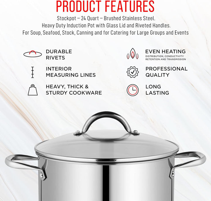 Bakken-Swiss Deluxe 24-Quart Stainless Steel Stockpot w/Tempered Glass See-Through Lid - Simmering Delicious Soups Stews & Induction Cooking - Exceptional Heat Distribution - Heavy-Duty & Food-Grade