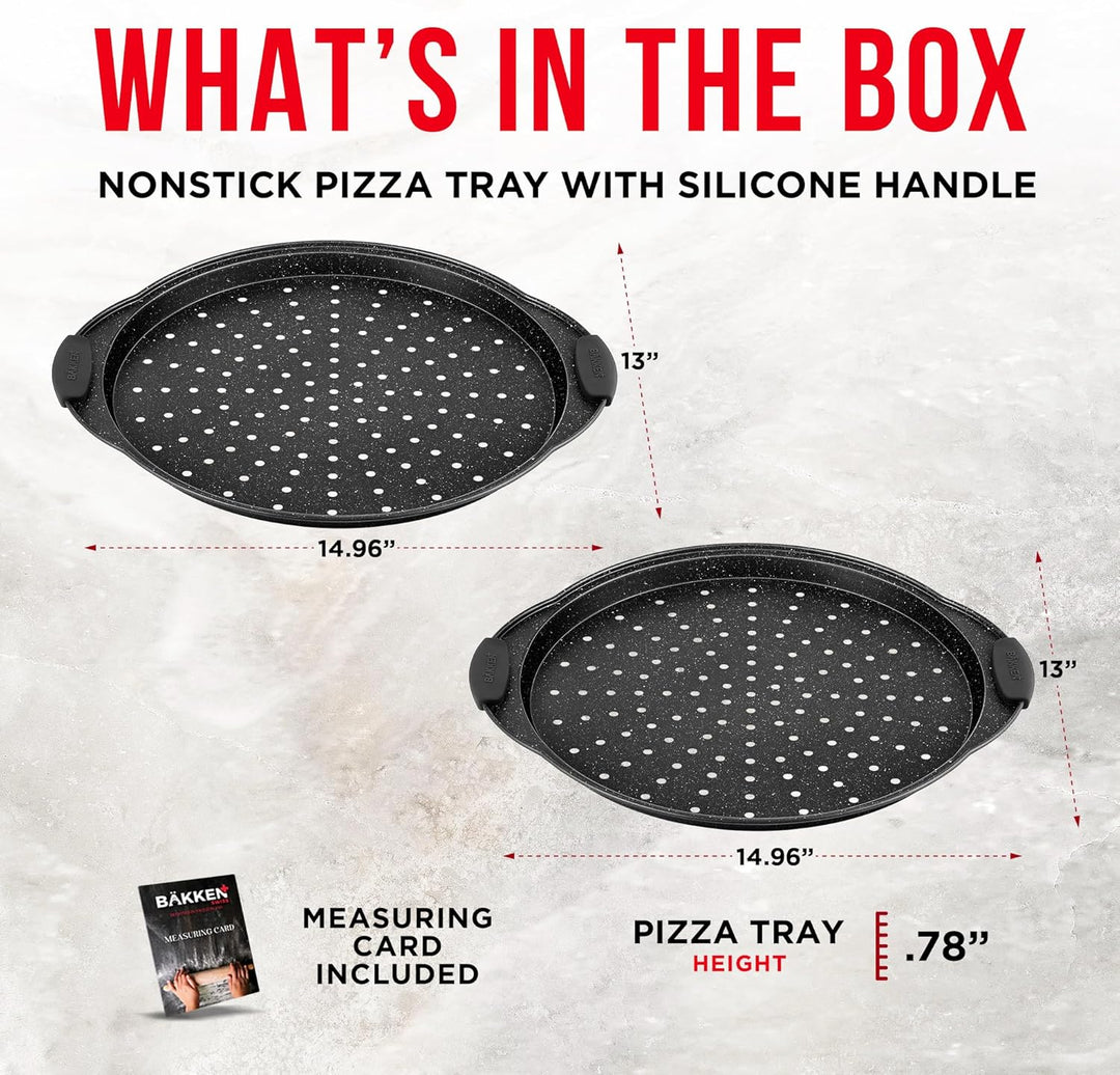 Bakken Pizza Baking Pan - Round Perforated Carbon Steel Pan with Non-Stick Marble Coating, Oversized Silicone Handle, Dishwasher Safe, High-Temperature Resistant, Durable & Easy Cleanup Gray, 2 Pack