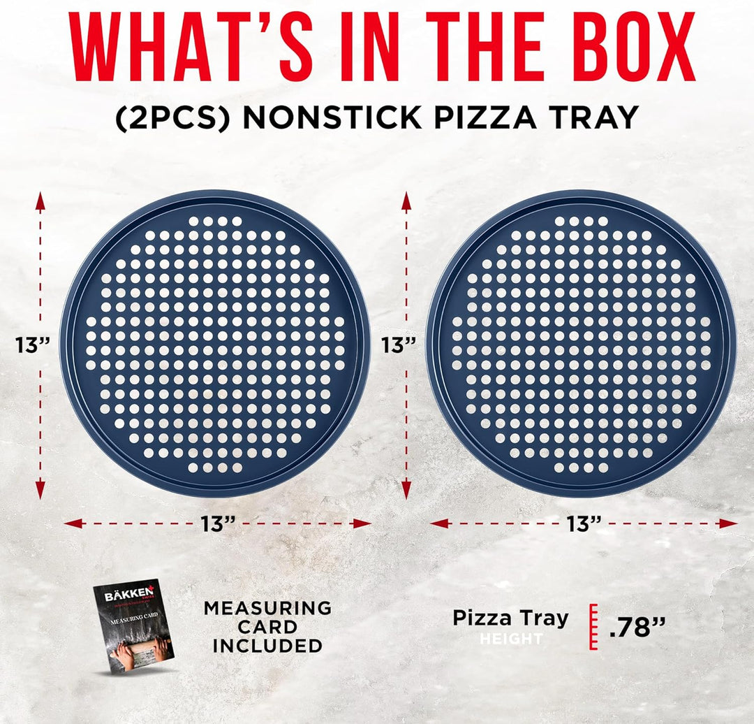 Bakken Pizza Baking Pan - Round Perforated Carbon Steel Pan with Non-Stick Marble Coating, Oversized Silicone Handle, Dishwasher Safe, High-Temperature Resistant, Durable Easy Cleanup - Blue,Pack of 2
