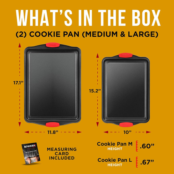 2 Piece Set Nonstick Carbon Steel Oven Bakeware -Professional Quality Kitchen Cooking Baking Trays -PFOA, PFOS, PTFE-Free Small & MediumBaking Sheet Pans with Red Silicone Handles