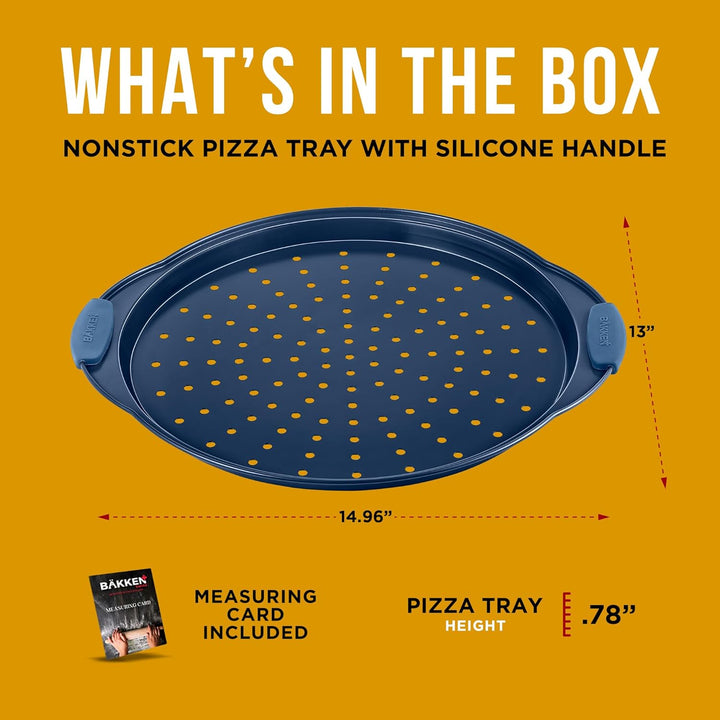 Bakken Pizza Baking Pan - Round Perforated Carbon Steel Pan with Non-Stick Marble Coating, Oversized Silicone Handle, Dishwasher Safe, High-Temperature Resistant, Durable and Easy Cleanup - Blue