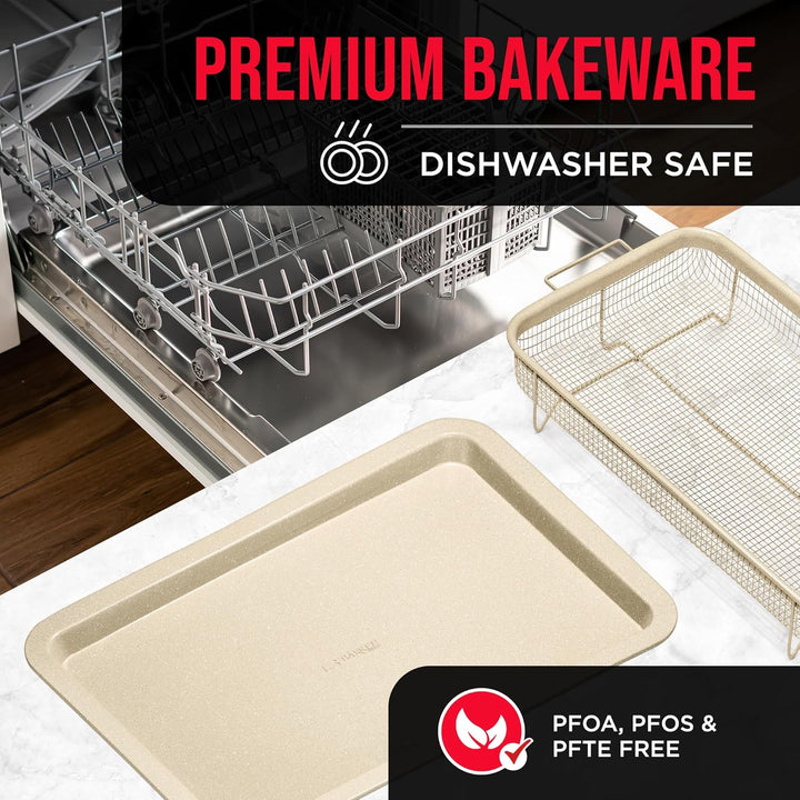 Bakken Swiss Crisper Tray - 2-Piece Set – White Marble, Non-Stick Basket Design for Healthier Cooking in Regular Ovens - Achieve Perfectly Crispy Chips, Bacon and More