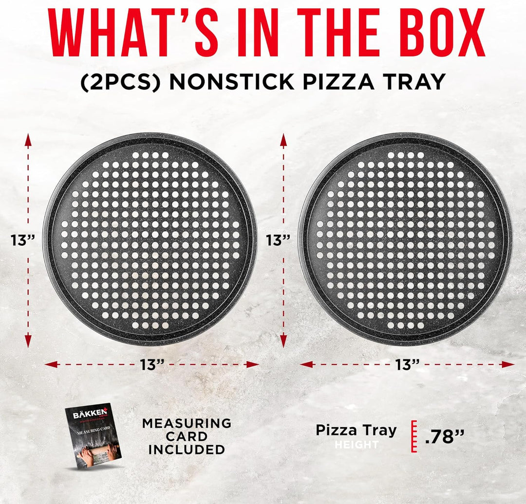 Bakken Pizza Baking Pan - Round Perforated Carbon Steel Pan with Non-Stick Marble Coating, Oversized Silicone Handle, Dishwasher Safe, High-Temperature Resistant, Durable & Easy Cleanup Gray, 2 Pack
