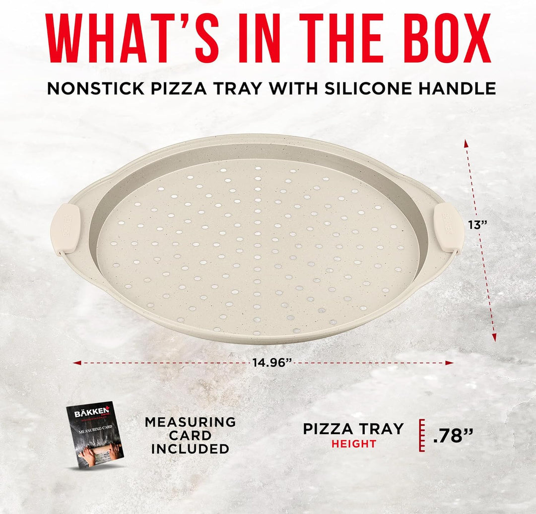 Bakken Pizza Baking Pan - Round Perforated Carbon Steel Pan with Non-Stick Marble Coating, Oversized Silicone Handle, Dishwasher Safe, High-Temperature Resistant, Durable, and Easy Cleanup White