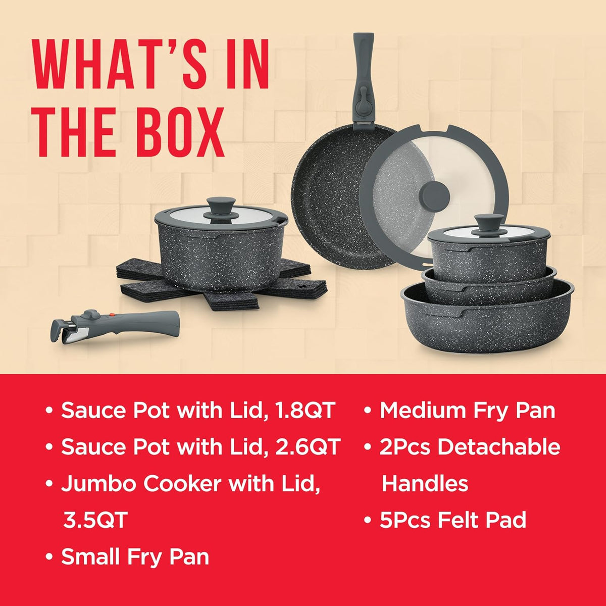 Bakken 15-Piece Detachable Cookware Set, Granite, Black Granite, photo 6 of 9