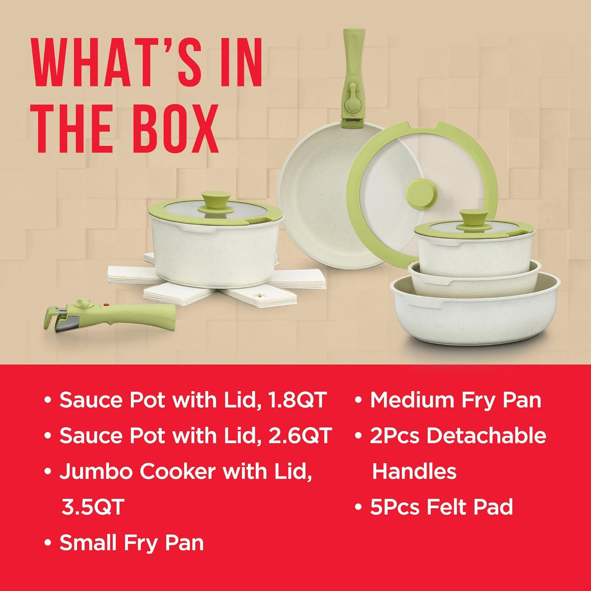 Bakken 15-Piece Detachable Cookware Set, Granite, Green/Cream, photo 6 of 9