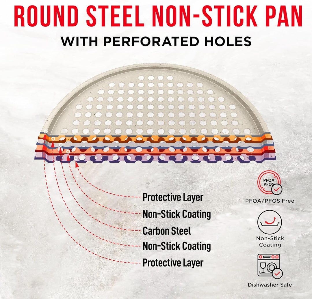 Bakken Pizza Baking Pan - Round Perforated Carbon Steel Pan with Non-Stick Marble Coating, Oversized Silicone Handle, Dishwasher Safe, High-Temperature Resistant, Durable & Easy Cleanup White, 2 Pack