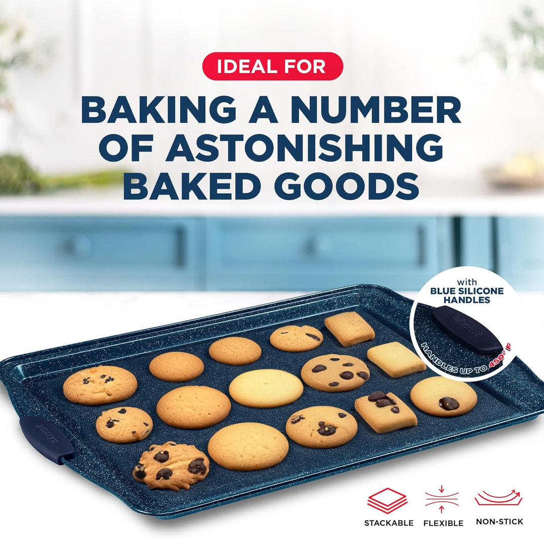 BAKKEN Kitchen Baking Pan Set - Nonstick Coating, Carbon Steel Bakeware Sets with Blue Silicone Handles, Baking Kitchen Essentials, PFOA, PFOS, PTFE Free, Oven Safe Tray (Up To 450° F), Set of 3