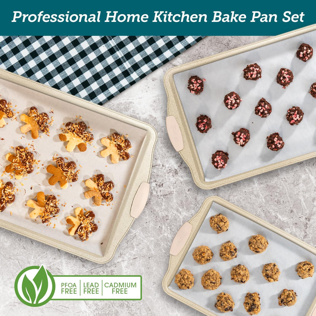 BAKKEN Cookie Sheets for Baking Nonstick Set - 3-Piece Stackable Carbon Steel Baking Sheet Pans Set with Silicone Handles, Non Toxic Cookie Sheets for Baking Bakeware Set - White Marble