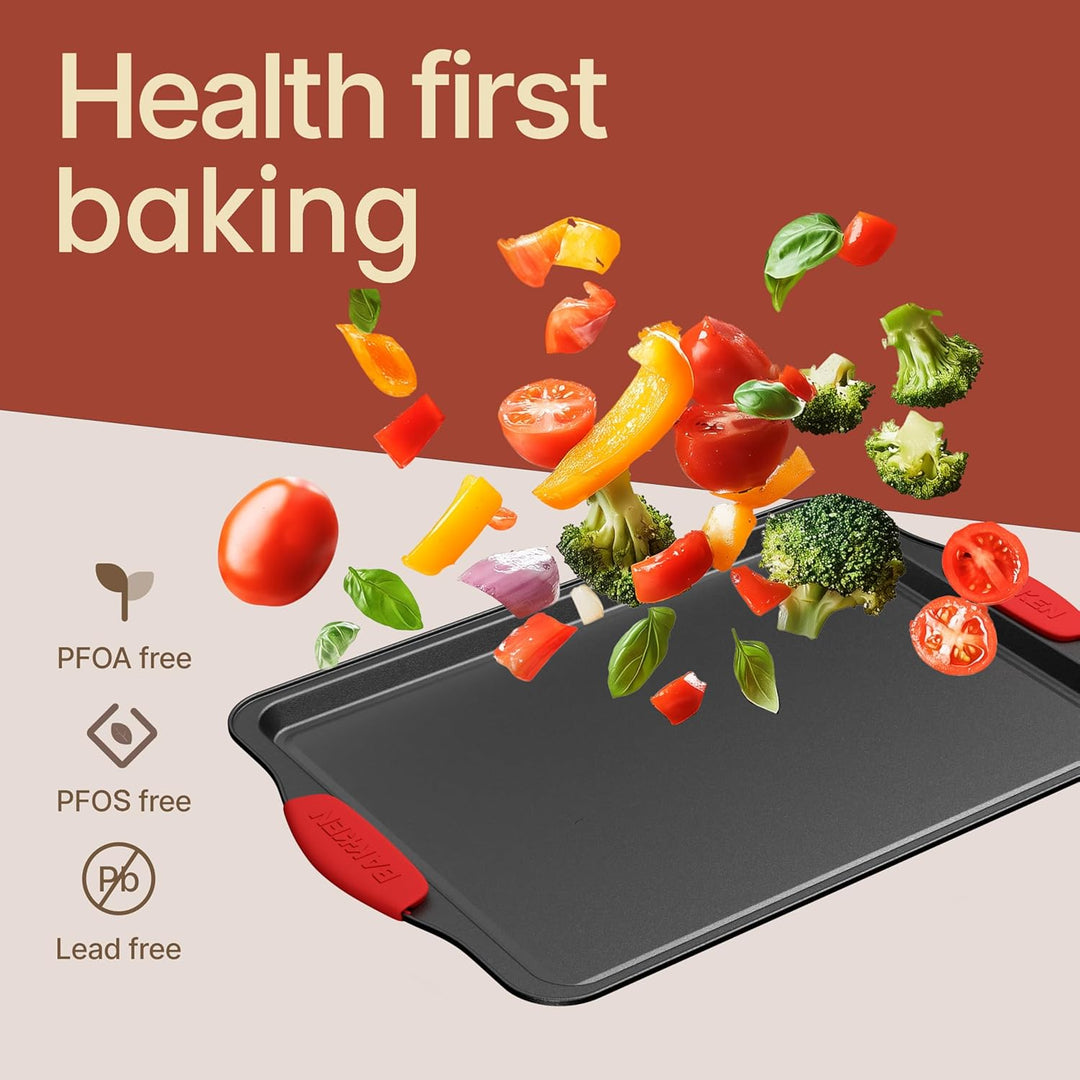 BAKKEN Kitchen Baking Pans - 15.15 x 10.03" Medium Nonstick Sheet, Durable Carbon Steel Cookie Sheet with Gray Silicone Handles, PFOA, PFOS, PTFE Free, Oven Safe Tray (Up To 450°F), Set of 1