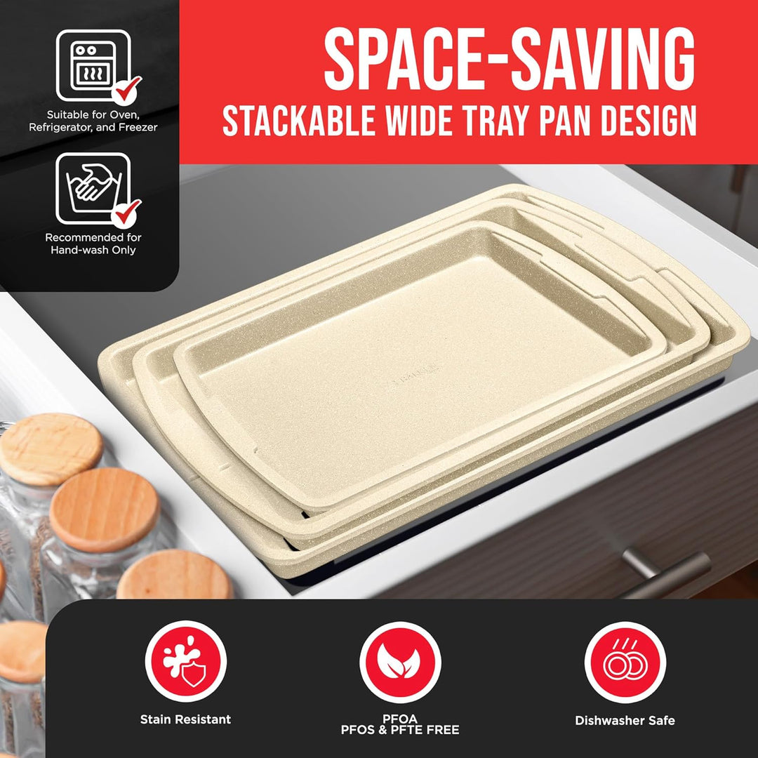 Bakken Swiss Cookie Sheet 3 Piece Set - Non-Stick, Stackable Baking Pans, White marble Deluxe Ceramic Coating – Dishwasher Safe - for Home Baking