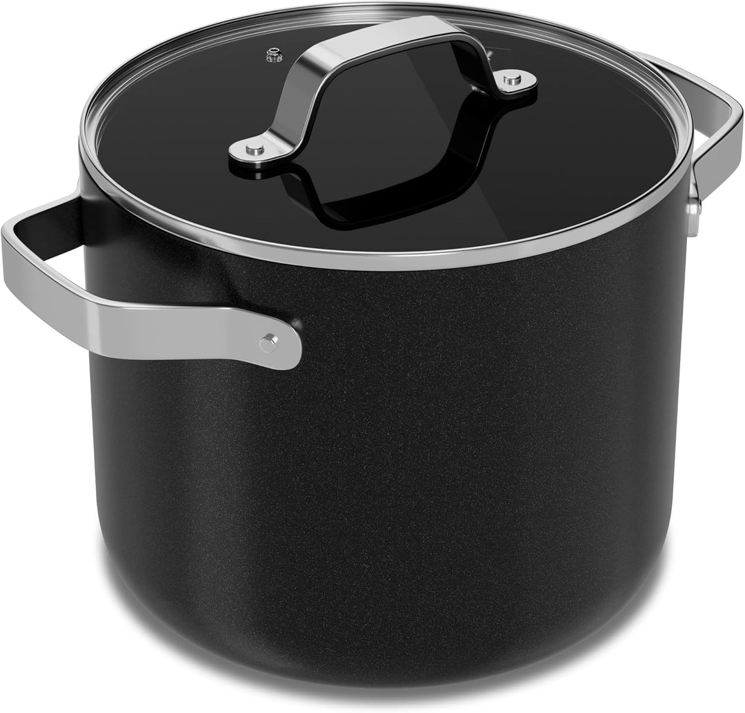 Black 5 Quart Aluminum Stock Pot with Lid, Nonstick Ceramic Coated Boiling Pot, PTFE & PFAS Free, Oven Safe to 500°F, Riveted Stainless Steel Handles, Tempered Glass Lid, All Stove Compatible