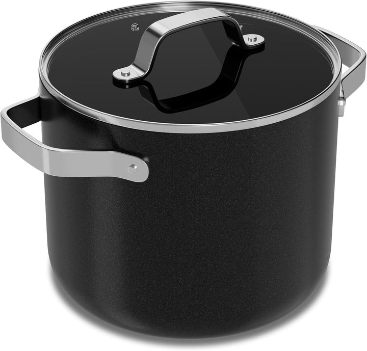 Black 5 Quart Aluminum Stock Pot with Lid, Nonstick Ceramic Coated Boiling Pot, PTFE & PFAS Free, Oven Safe to 500°F, Riveted Stainless Steel Handles, Tempered Glass Lid, All Stove Compatible