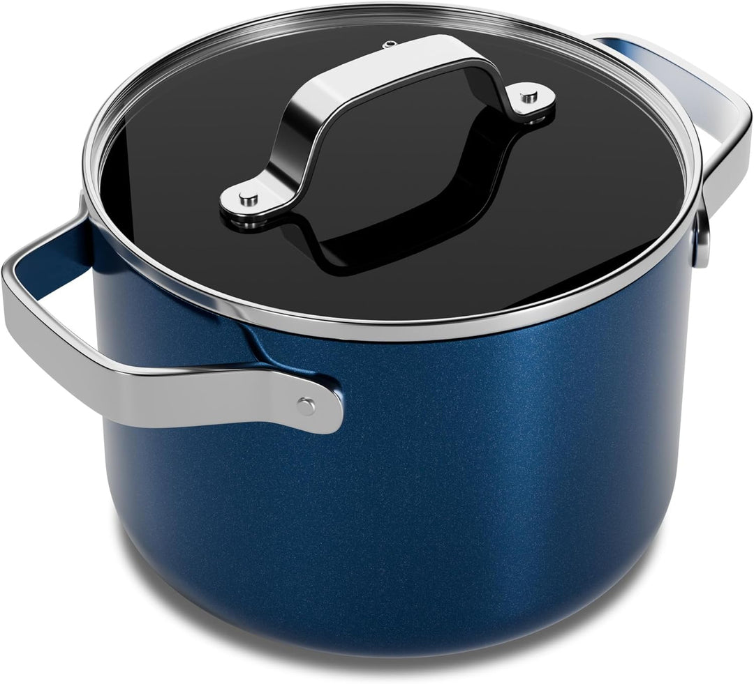 Blue 3 Quart Aluminum Stock Pot with Lid, Nonstick Ceramic Coated Boiling Pot, PTFE & PFAS Free, Oven Safe to 500°F, Riveted Stainless Steel Handles, Tempered Glass Lid, All Stove Compatible