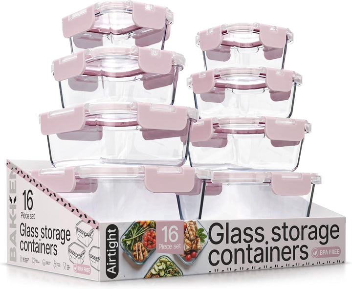 Bakken Borosilicate Glass Food Storage Containers with Lids 16 Pieces, Airtight Leak-Proof, Pink