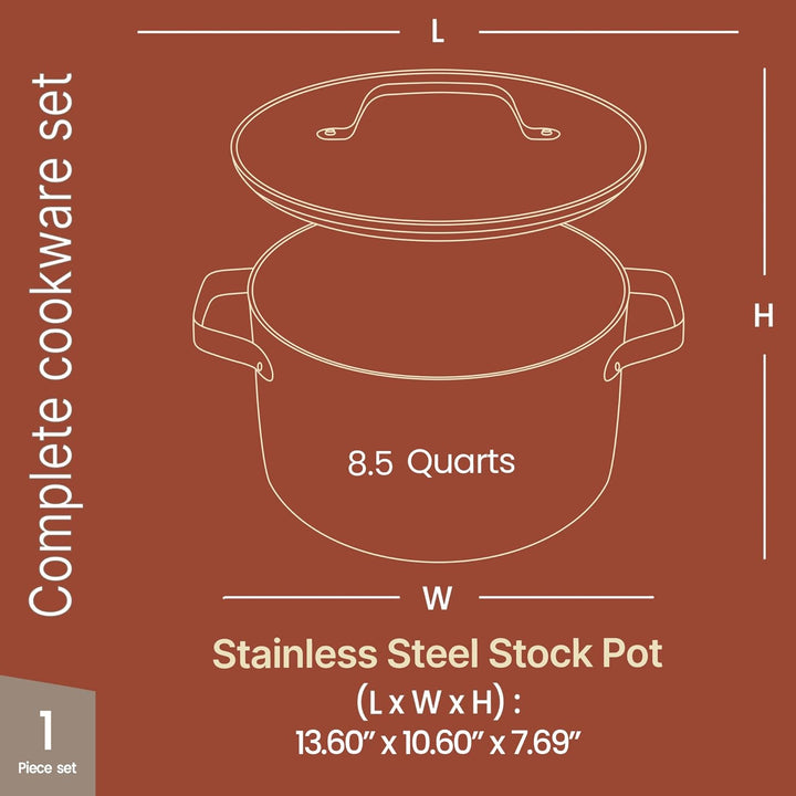 Blue 8.5 Quart Aluminum Stock Pot with Lid, Nonstick Ceramic Coated Boiling Pot, PTFE & PFAS Free, Oven Safe to 500°F, Riveted Stainless Steel Handles, Tempered Glass Lid, All Stove Compatible