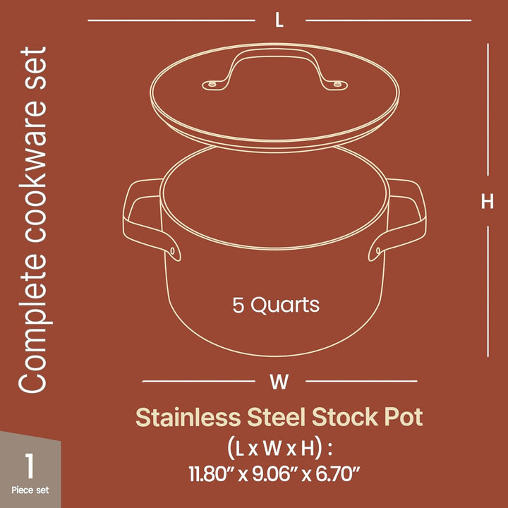 Black 5 Quart Aluminum Stock Pot with Lid, Nonstick Ceramic Coated Boiling Pot, PTFE & PFAS Free, Oven Safe to 500°F, Riveted Stainless Steel Handles, Tempered Glass Lid, All Stove Compatible