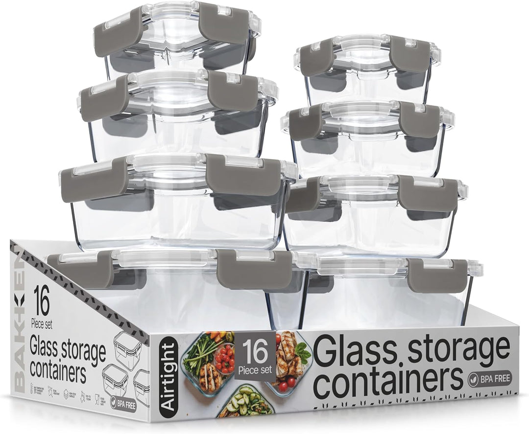 Bakken Borosilicate Glass Food Storage Containers with Lids 16 Pieces, Airtight Leak-Proof, Pink