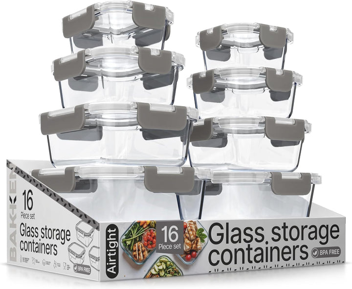 Bakken Borosilicate Glass Food Storage Containers with Lids 16 Pieces, Airtight Leak-Proof, Pink