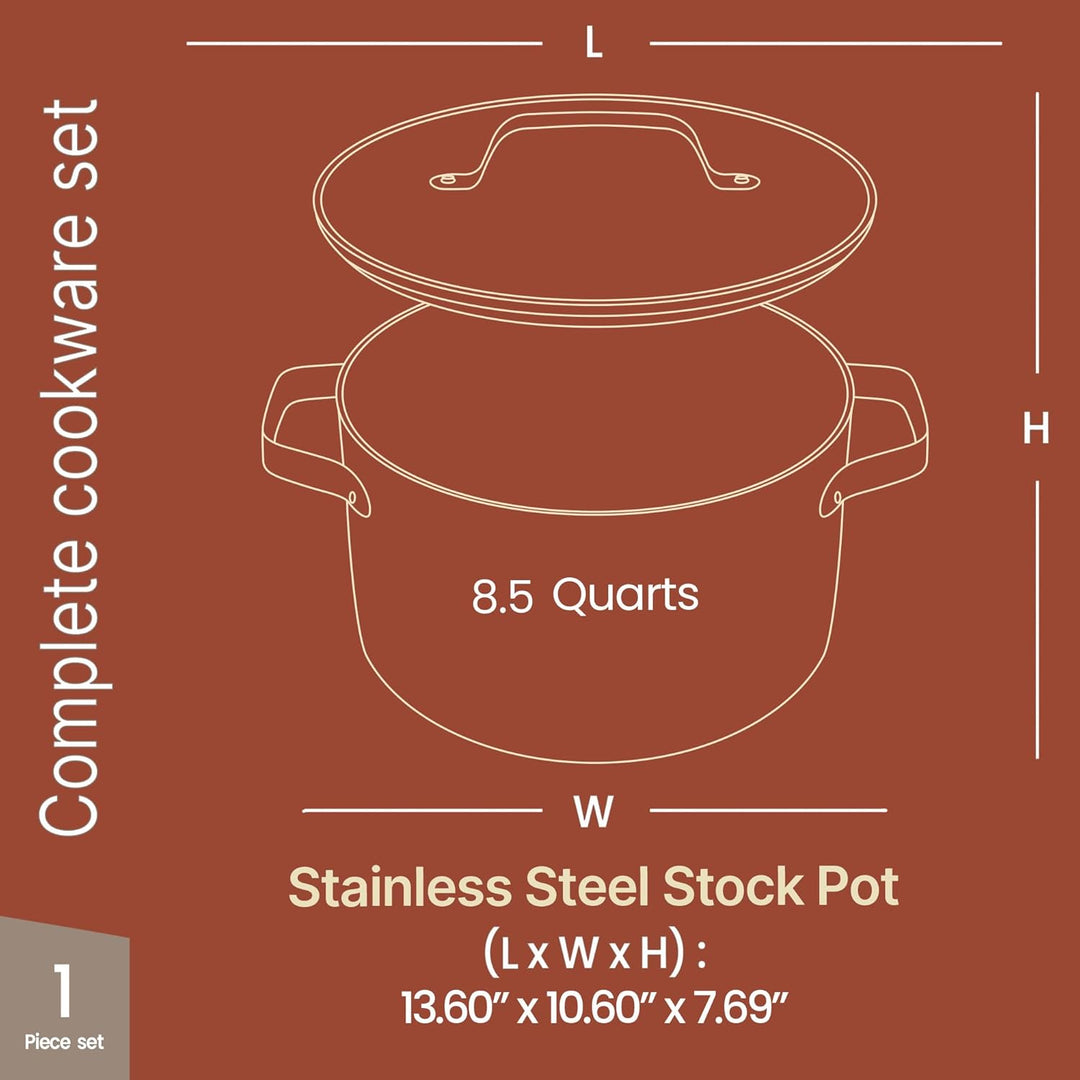 Cream 8.5 Quart Aluminum Stock Pot with Lid, Nonstick Ceramic Coated Boiling Pot, PTFE & PFAS Free, Oven Safe to 500°F, Riveted Stainless Steel Handles, Tempered Glass Lid, All Stove Compatible