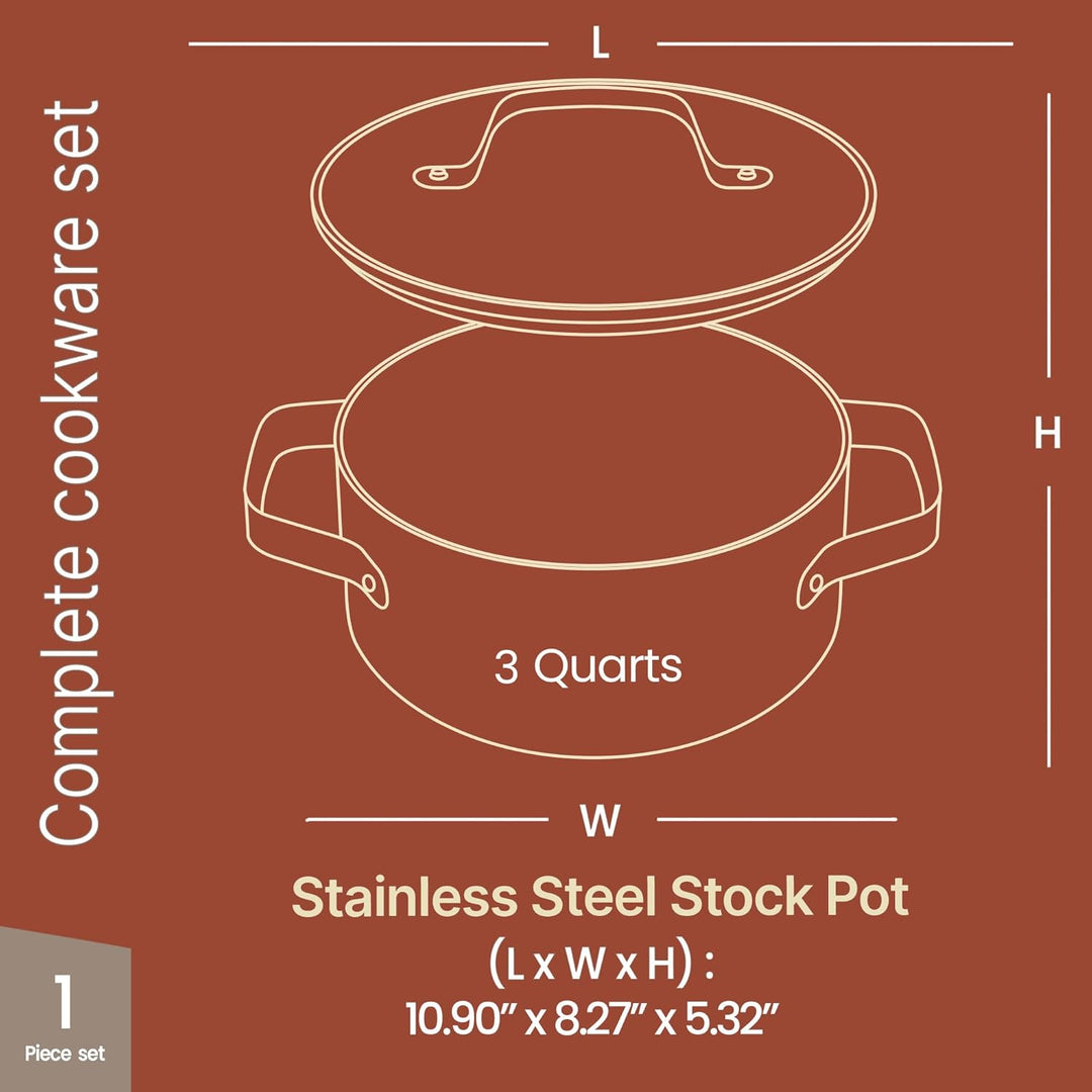 Cream 3 Quart Aluminum Stock Pot with Lid, Nonstick Ceramic Coated Boiling Pot, PTFE & PFAS Free, Oven Safe to 500°F, Riveted Stainless Steel Handles, Tempered Glass Lid, All Stove Compatible