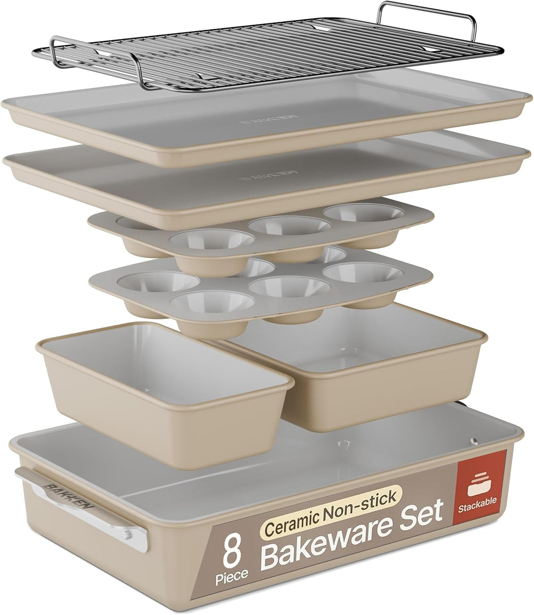 Bakken 8-Piece Ceramic Coated Bakeware Sets, Nonstick Aluminized Steel Pans with Muffin, Loaf, Cake, Roasting Pan, & Cooling Rack