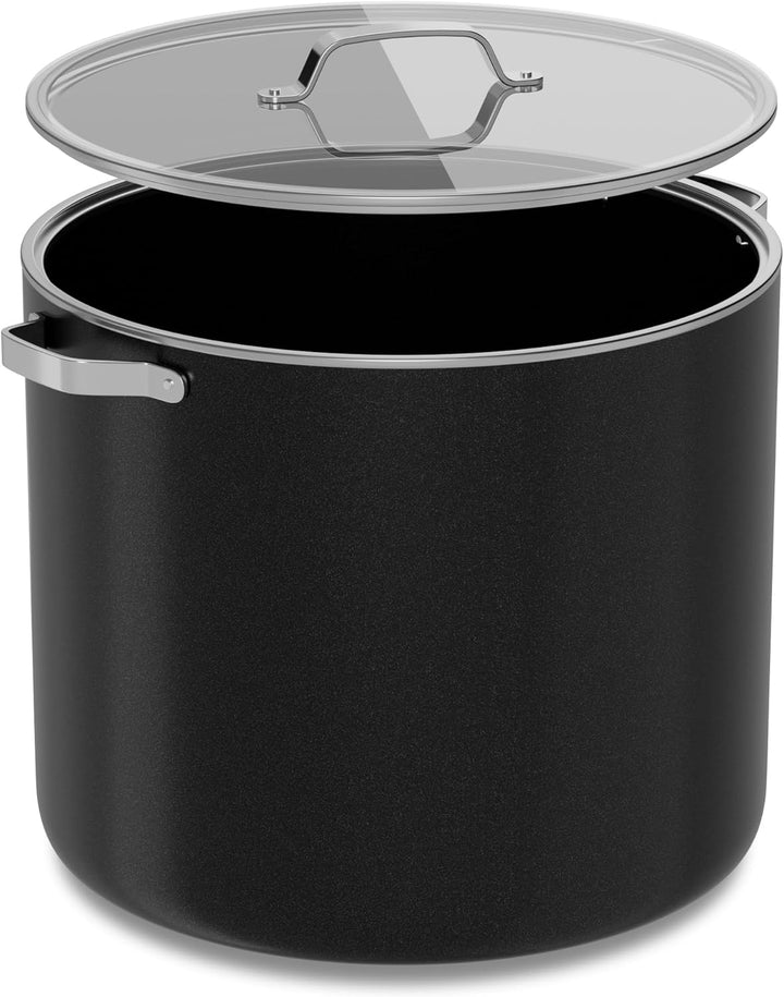 Black 12.5 Quart Aluminum Stock Pot with Lid, Nonstick Ceramic Coated Boiling Pot, PTFE & PFAS Free, Oven Safe to 500°F, Riveted Stainless Steel Handles, Tempered Glass Lid, All Stove Compatible