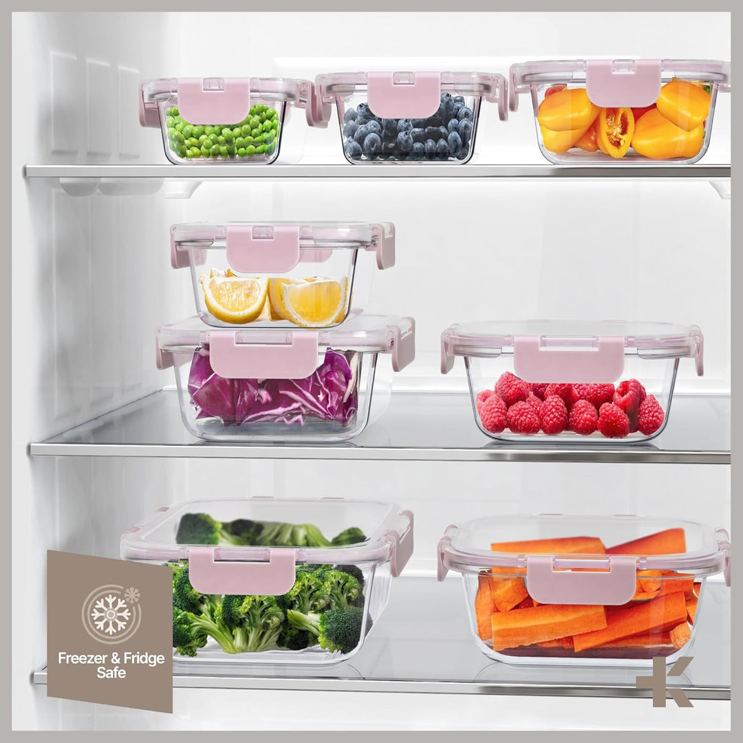Bakken Borosilicate Glass Food Storage Containers with Lids 24 Pieces, Airtight Leak-Proof, Pink