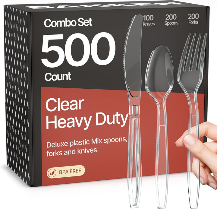 Bakken Disposable Cutlery Set 100 Pieces of Forks, Knives & Spoons, Heavy Duty Plastic Silverware