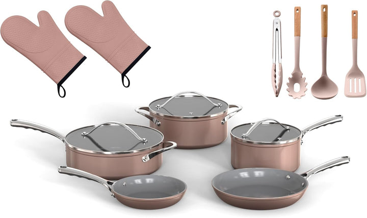Crystal Kung Minkoff Ceramic Cookware Set • 14-Piece Nonstick, Non-Toxic Set with Lids