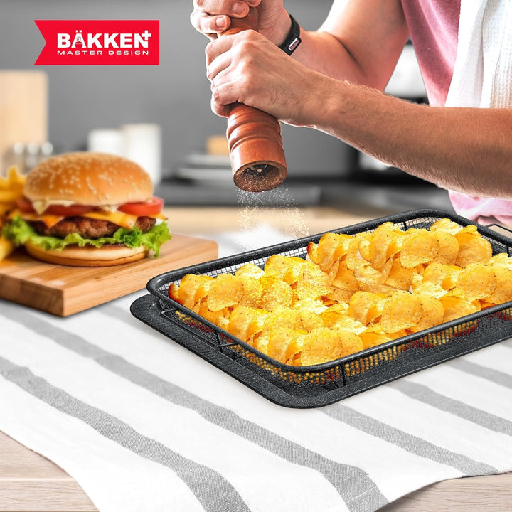 Bakken Swiss Crisper Tray - 2-Piece Set – Gray Marble, Non-Stick Basket Design for Healthier Cooking in Regular Ovens - Achieve Perfectly Crispy Chips, Bacon and More